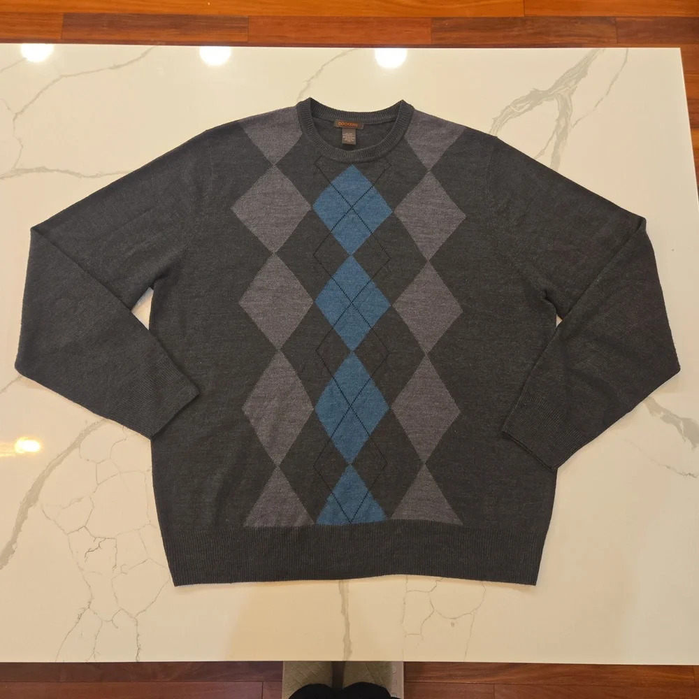 Dockers Mens Argyle Diamond Crewneck Long Sleeve Knit Sweater Size XL Gray Blue